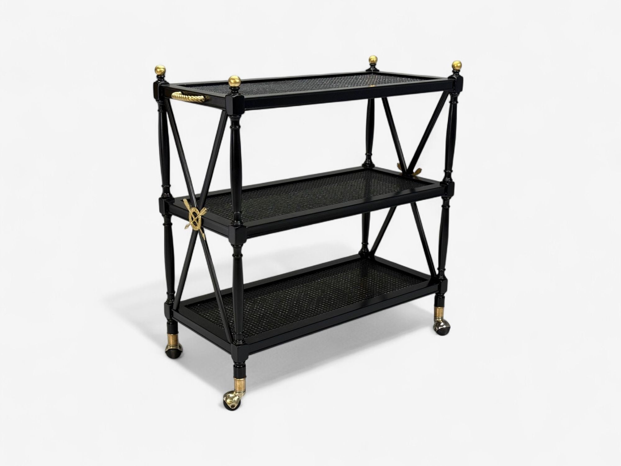 Federal Style, Painted Wood, Cane, Ebonized Bar Cart, USA, 1970s