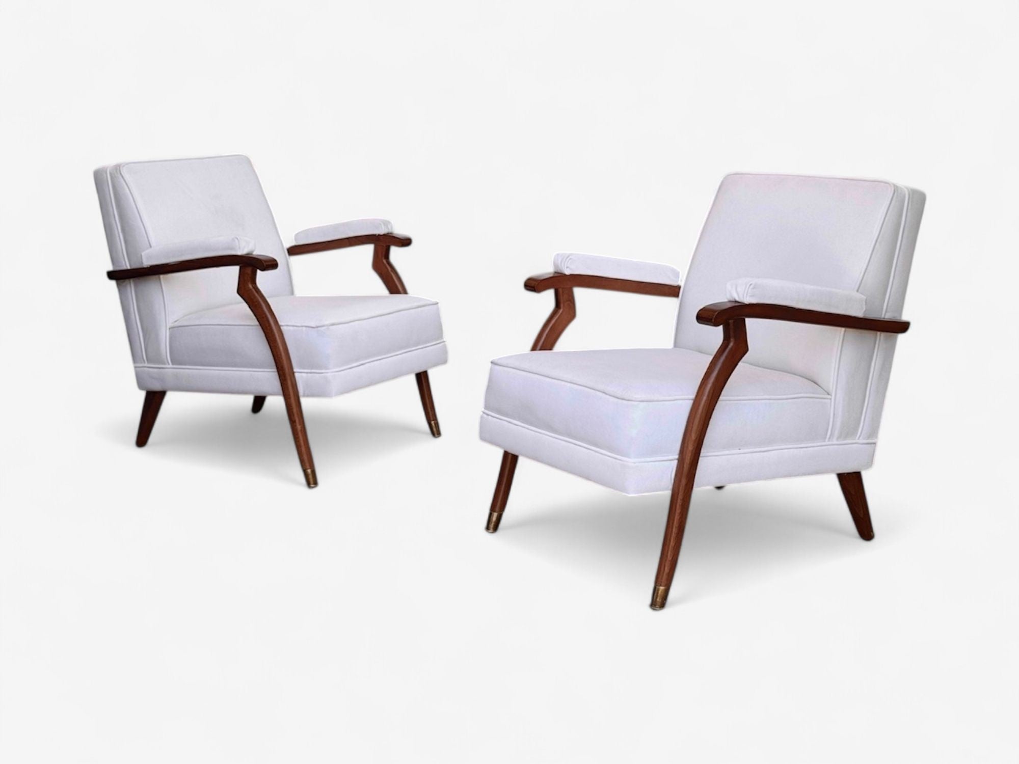 Maison Leleu Style, French Modern, White Mohair, Wood, Lounge Chairs, 1970s