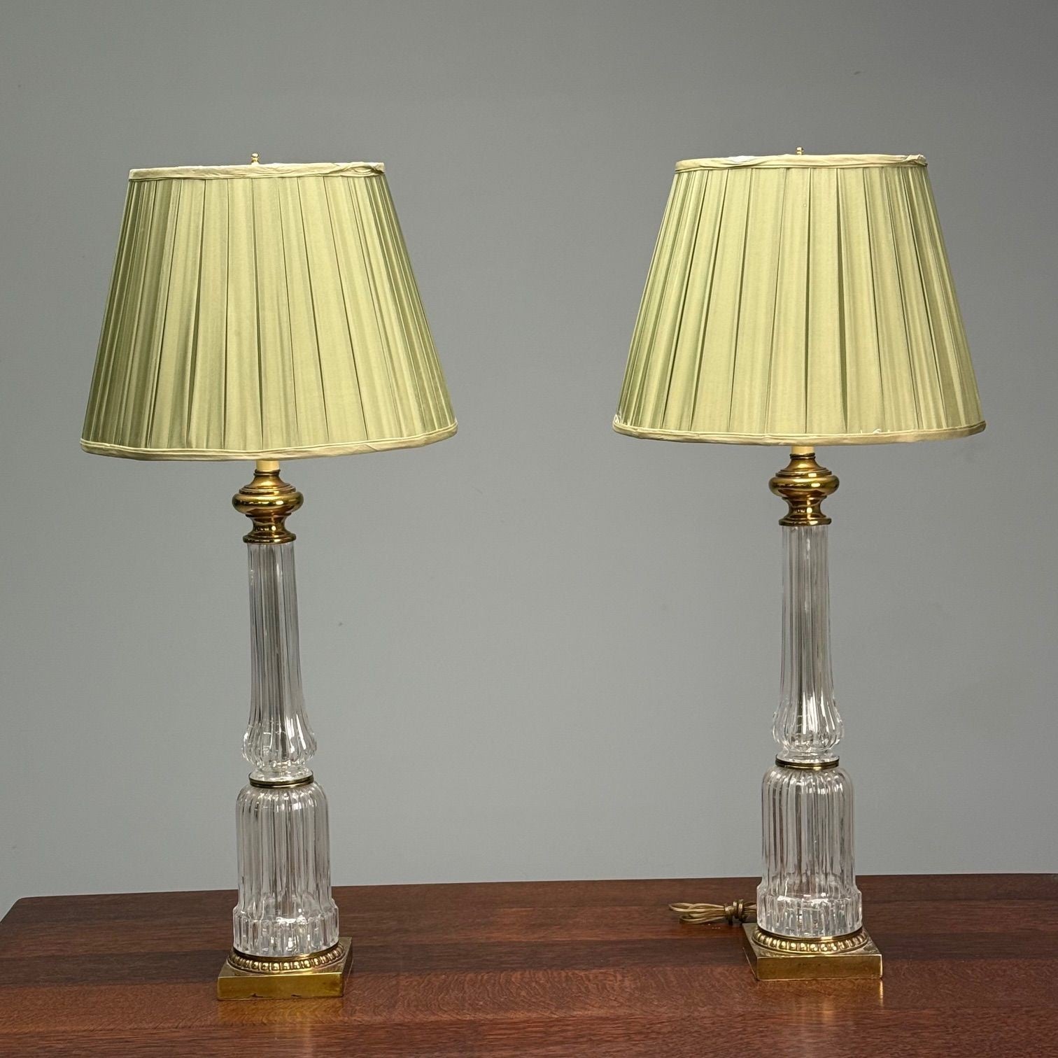 Hollywood Regency Style, Table Lamps, Fluted Crystal, Gilt Metal, USA, 1980s
