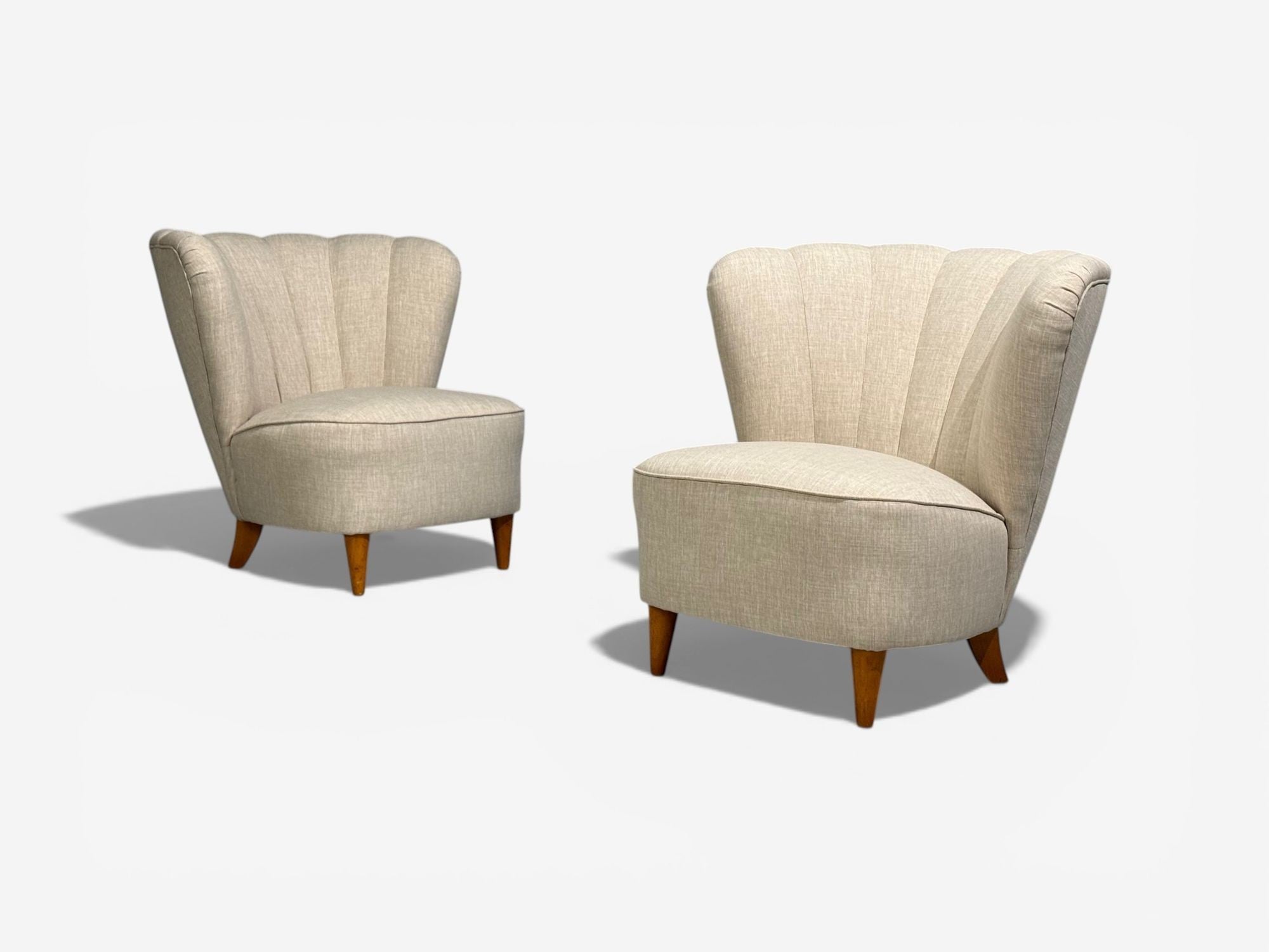 Carl-Johan Boman, Easy Chairs, Beige Linen, Wood, Finland, 1950s