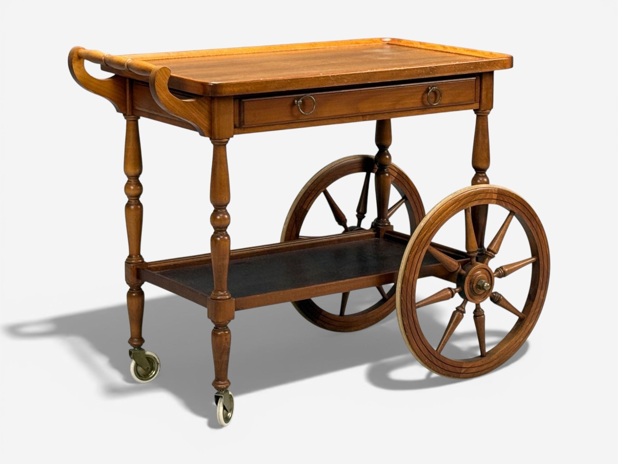 Swedish Modern, Rolling Bar Cart, Wood, Brass, Sweden, 1970s