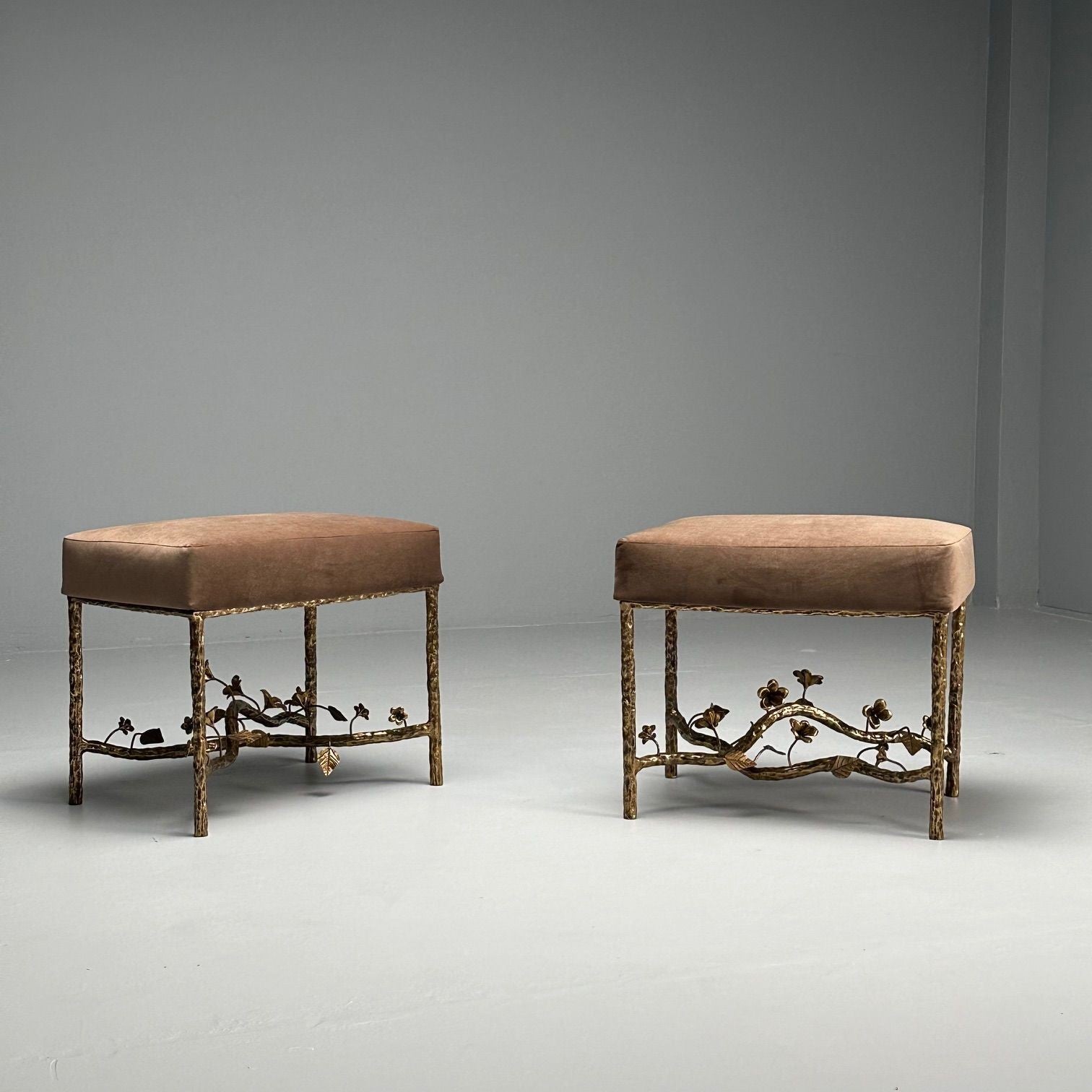 Giacometti Style, Hammered Bronze, Brown Velvet, Occasional Benches