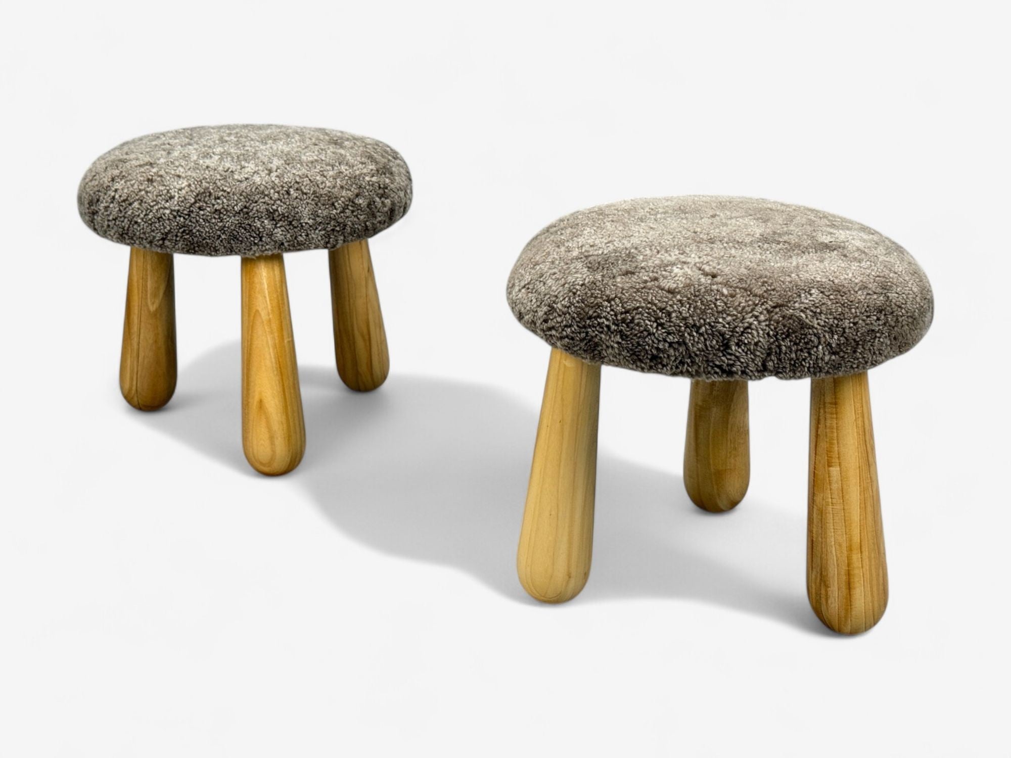 Danish Modern Style, Brown Sheepskin, Maple, Shearling Footstools, 21st c.