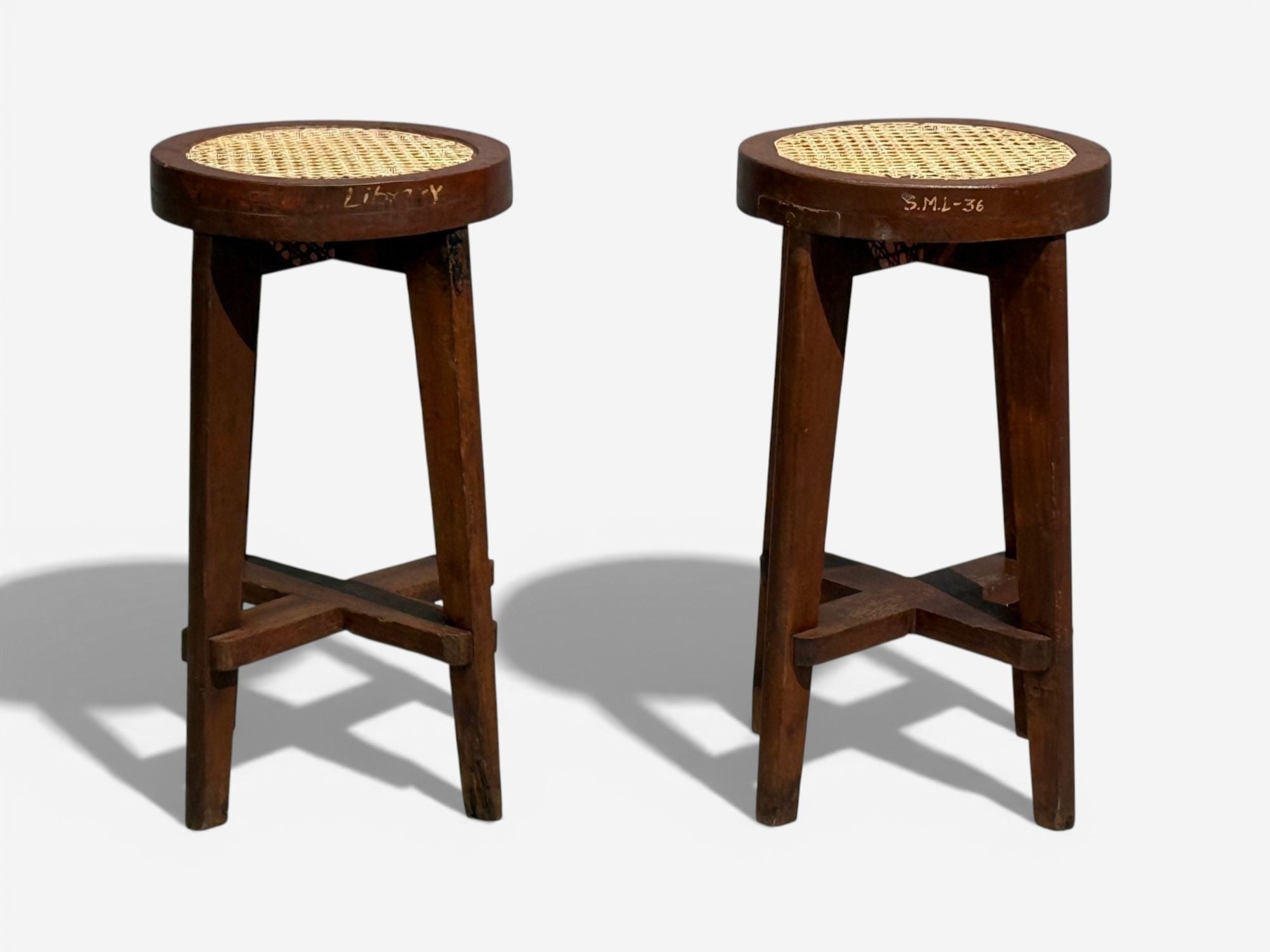 Pierre Jeanneret, High Stools, Cane, Teak, Chandigarh, India c. 1960s