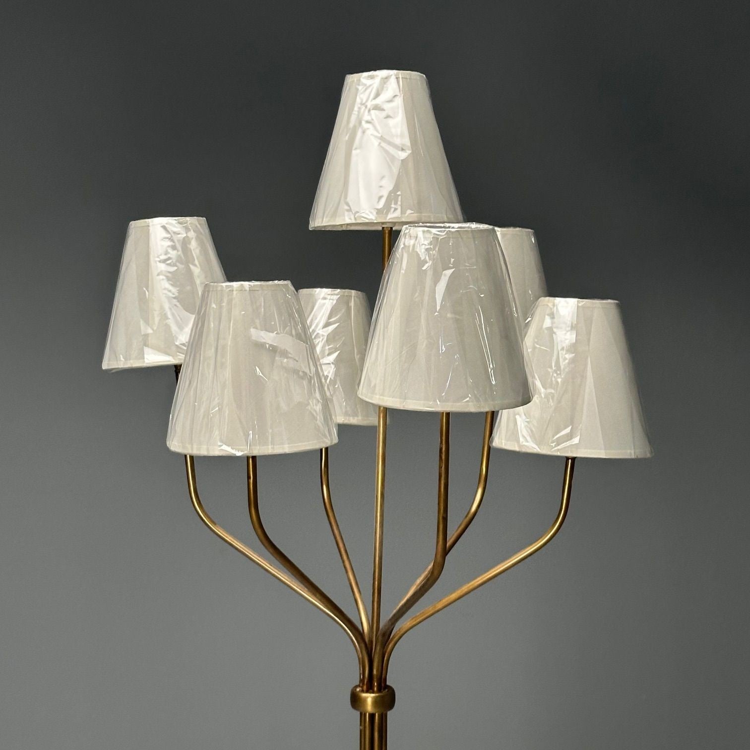 French Mid-Century Modern Style, Gilt Metal, Fabric, Vintage Floor Lamps