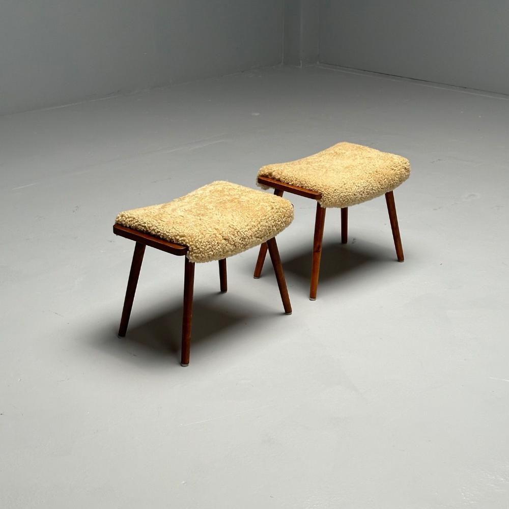 Swedish Mid-Century Modern, Stools, Honey Sheepskin, Walnut, Sweden, 1970s