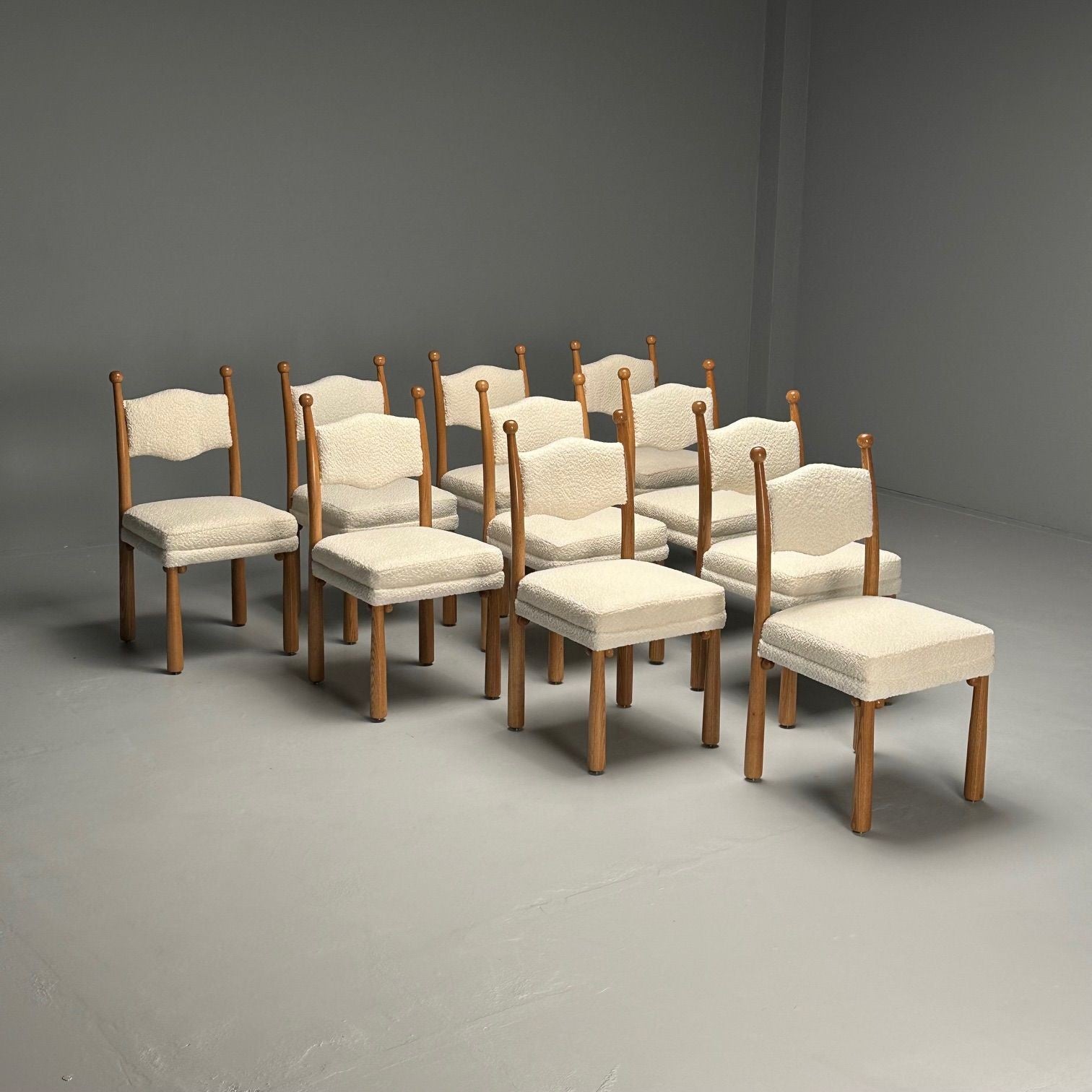 French Mid-Century Modern Style, Oak, White Boucle, Ten Dining Chairs, 21st C.