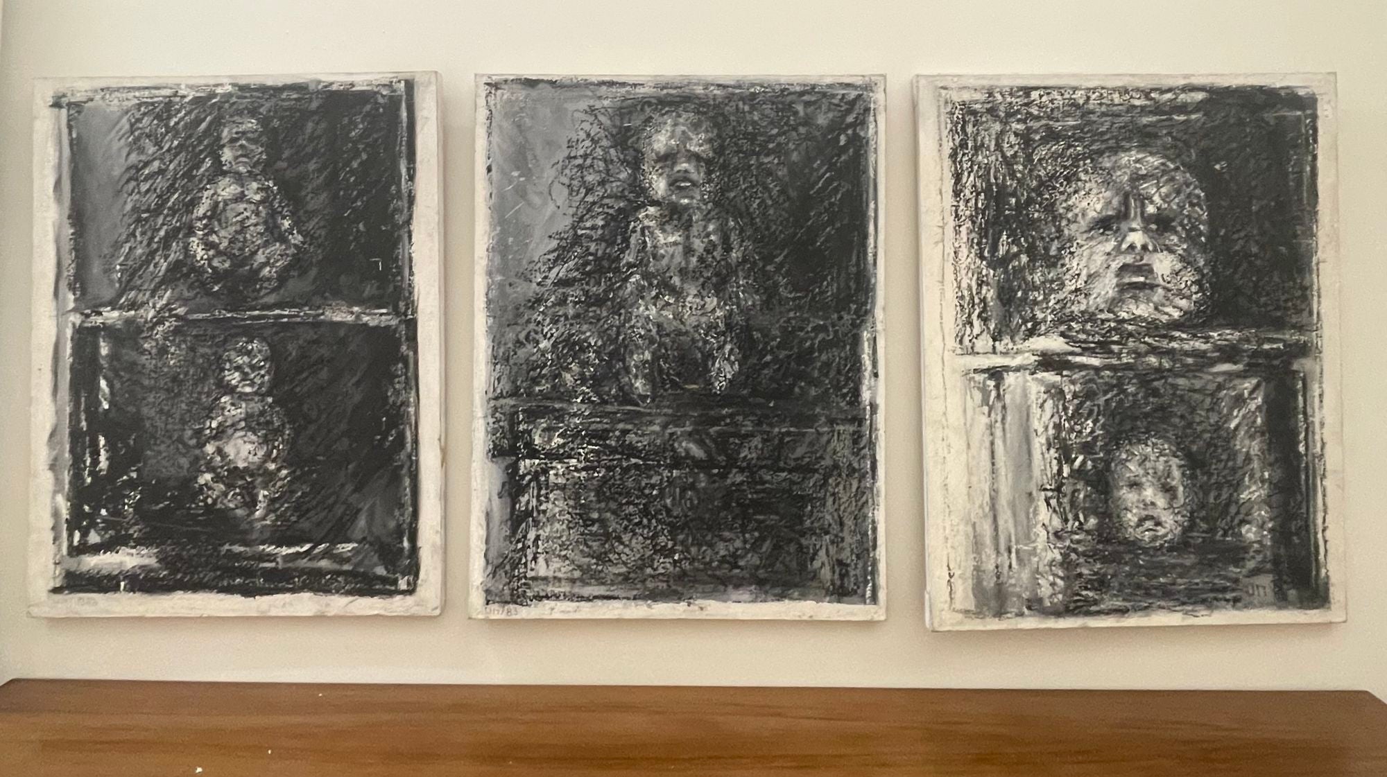 Three Ursula Meyer Mixed Media Works, Signed, Dated, Charcoal, Paint