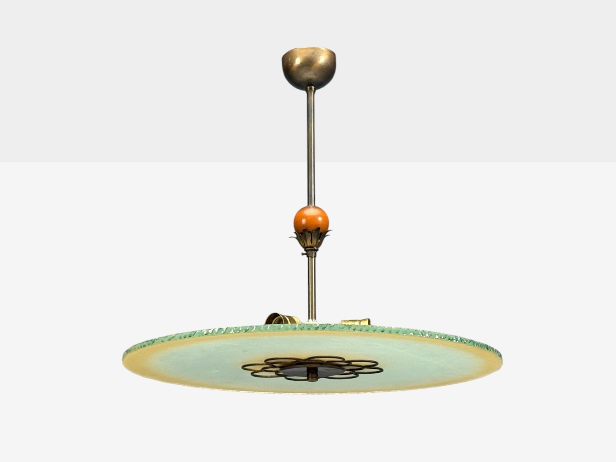 Swedish Modern, Pendant Light, Raw Glass, Wood, Sweden, 1940s