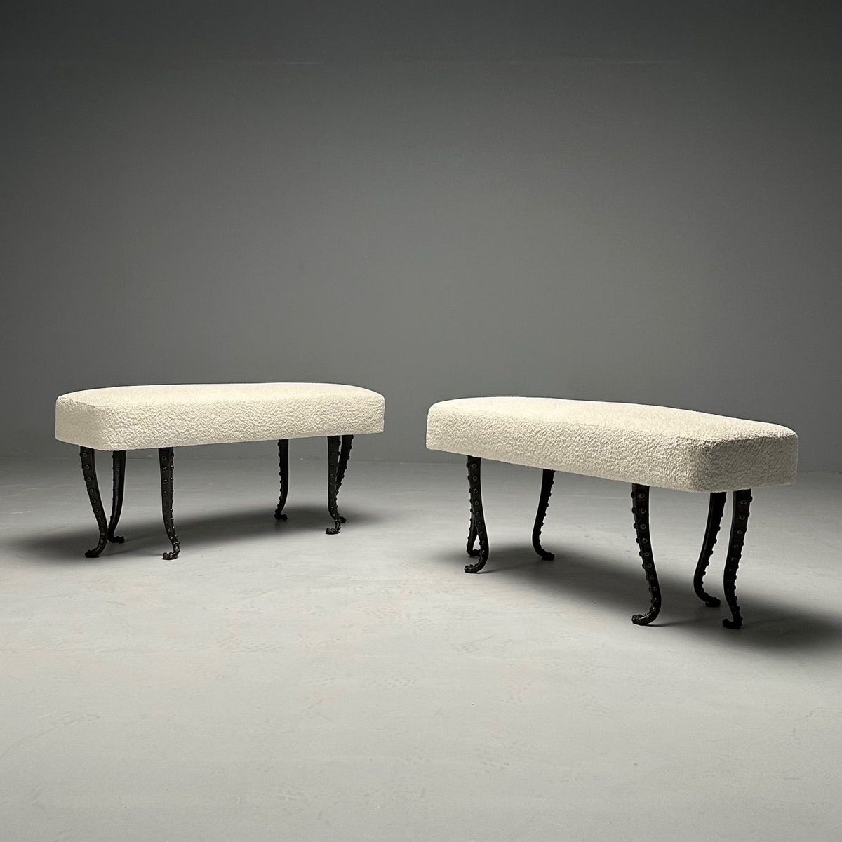Modern, Long Octopus Benches, Blackened Bronze, White Boucle