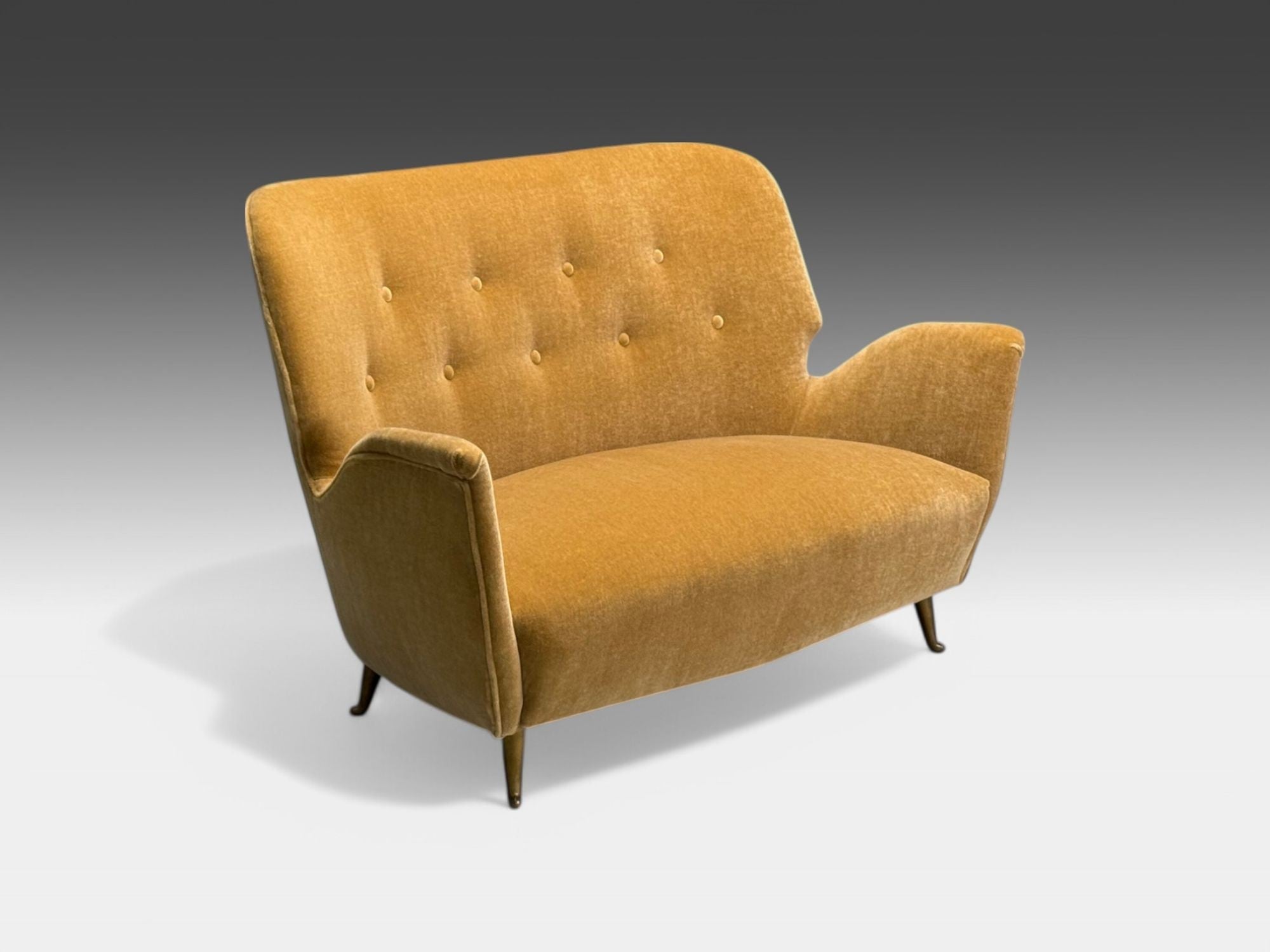 ISA Bergamo, Italian Mid-Century Modern, Bronze, Camel Mohair, Settee, 1950s