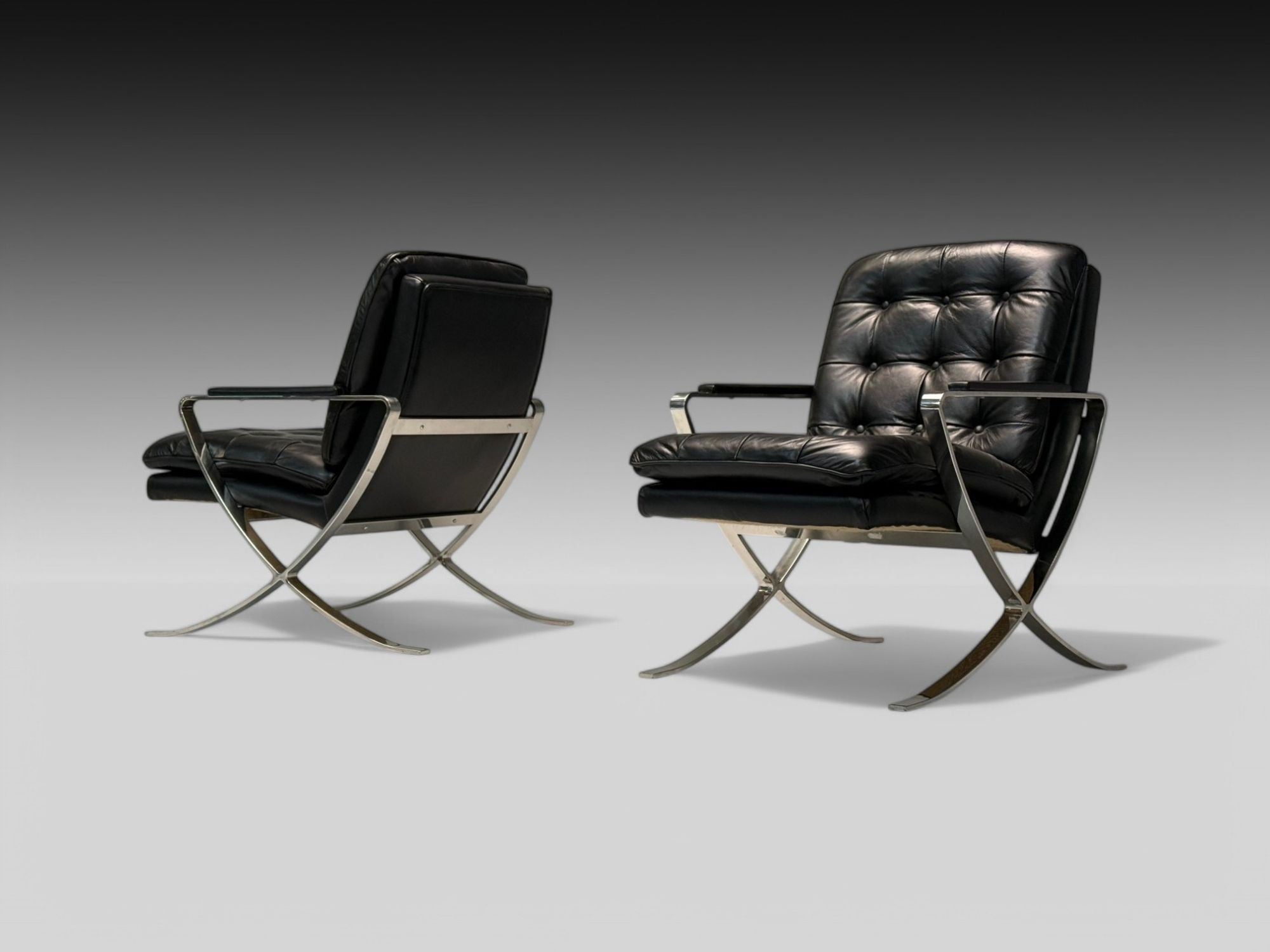 American Mid-Century Modern, Black Leather, Chrome, Lounge Chairs, USA, 1980s