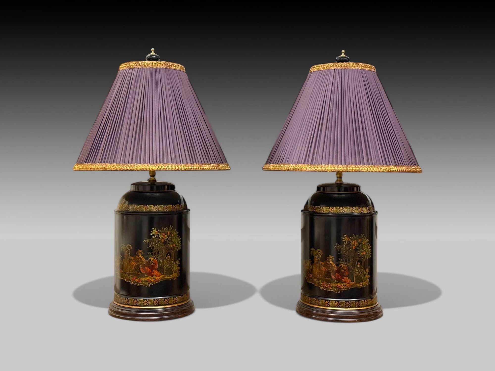 Chinese Export, Chinoiserie, Black Metal, Canister Lamps, Silk Shades, 1960s