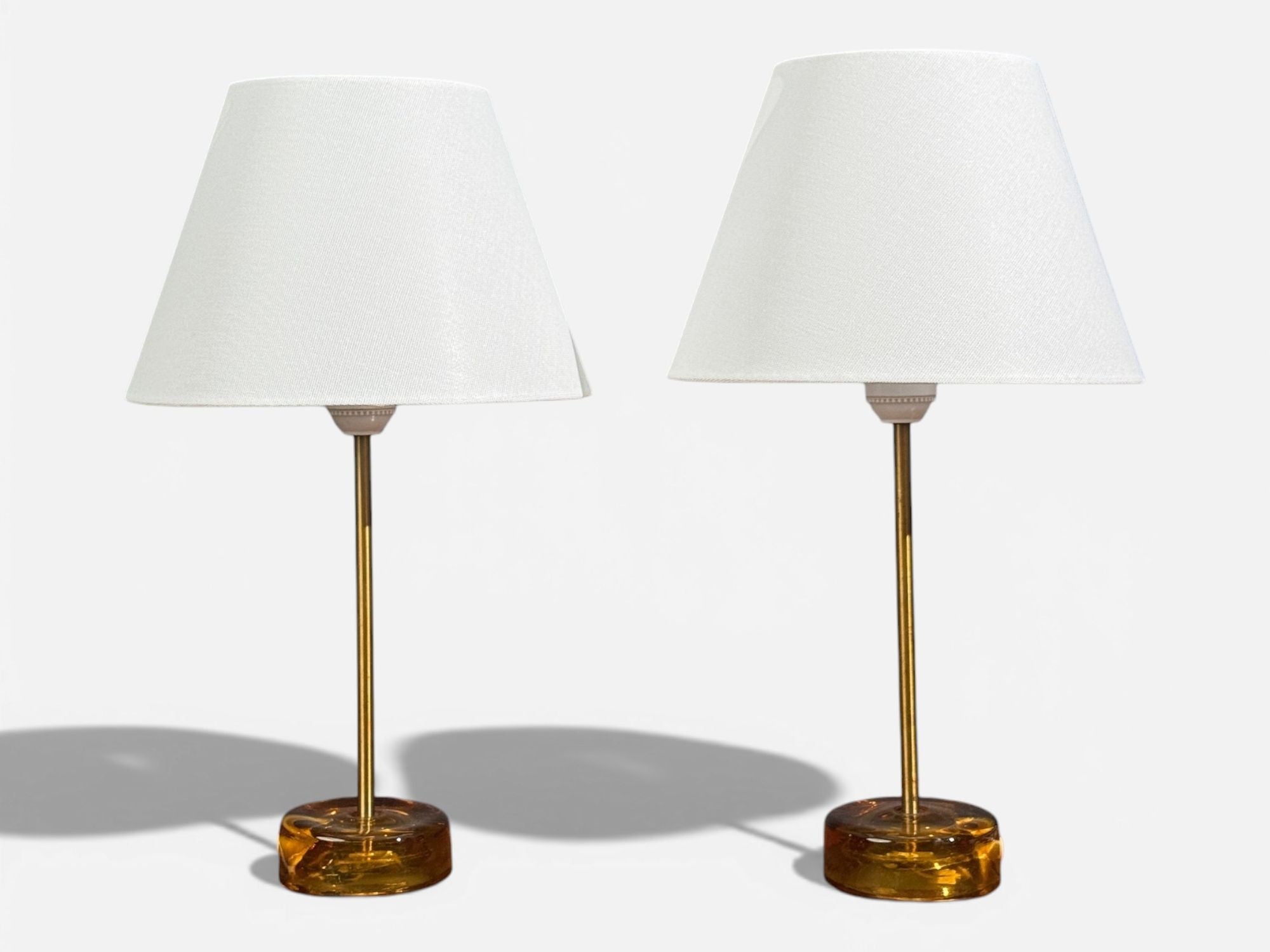 Nybro Armaturfabrik, Table Lamps, Amber Glass, Brass, Sweden, 1970s