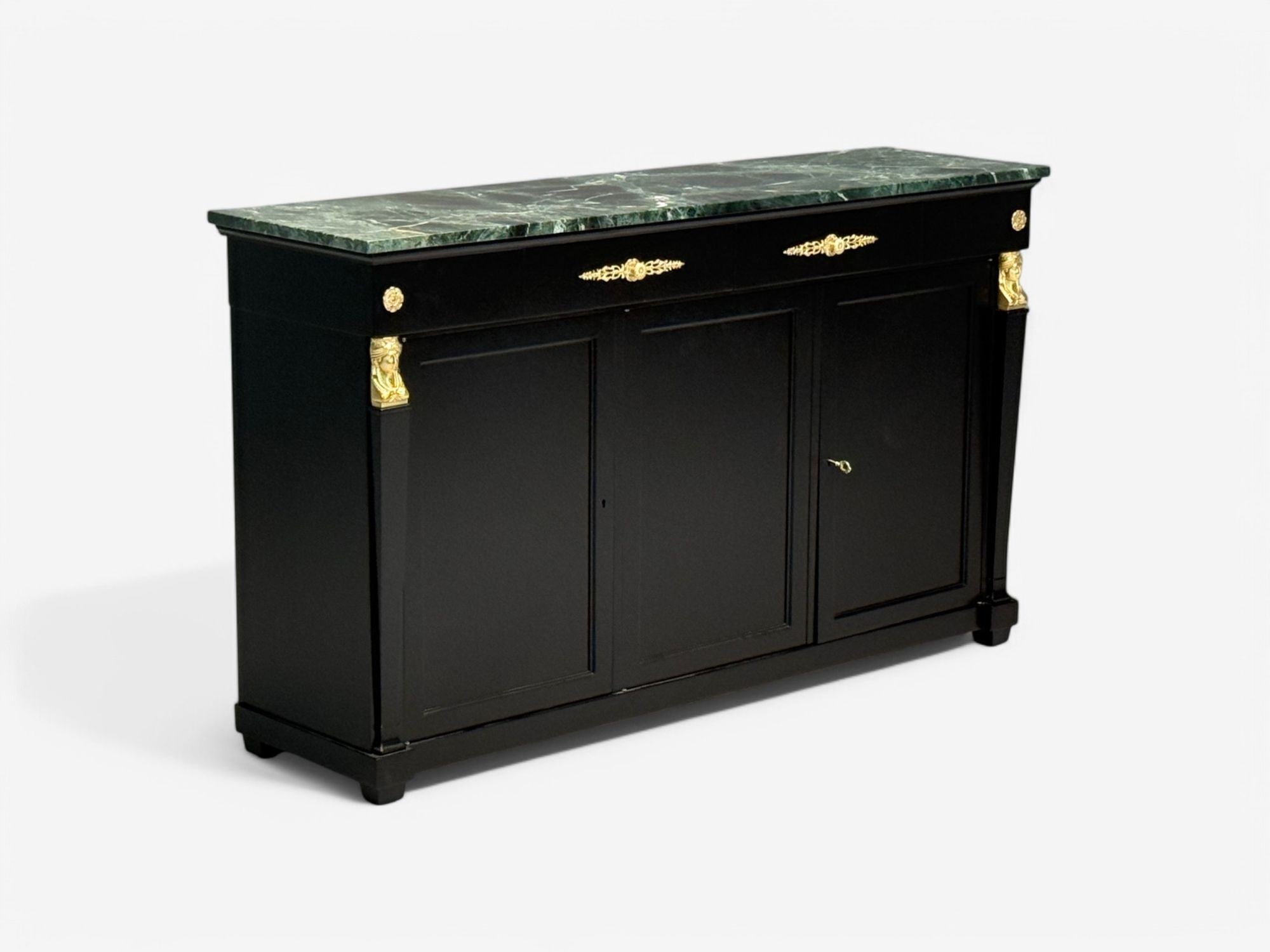 Hollywood Regency, Empire Style, Satin Black Wood, Bronze, Credenza, 1940s