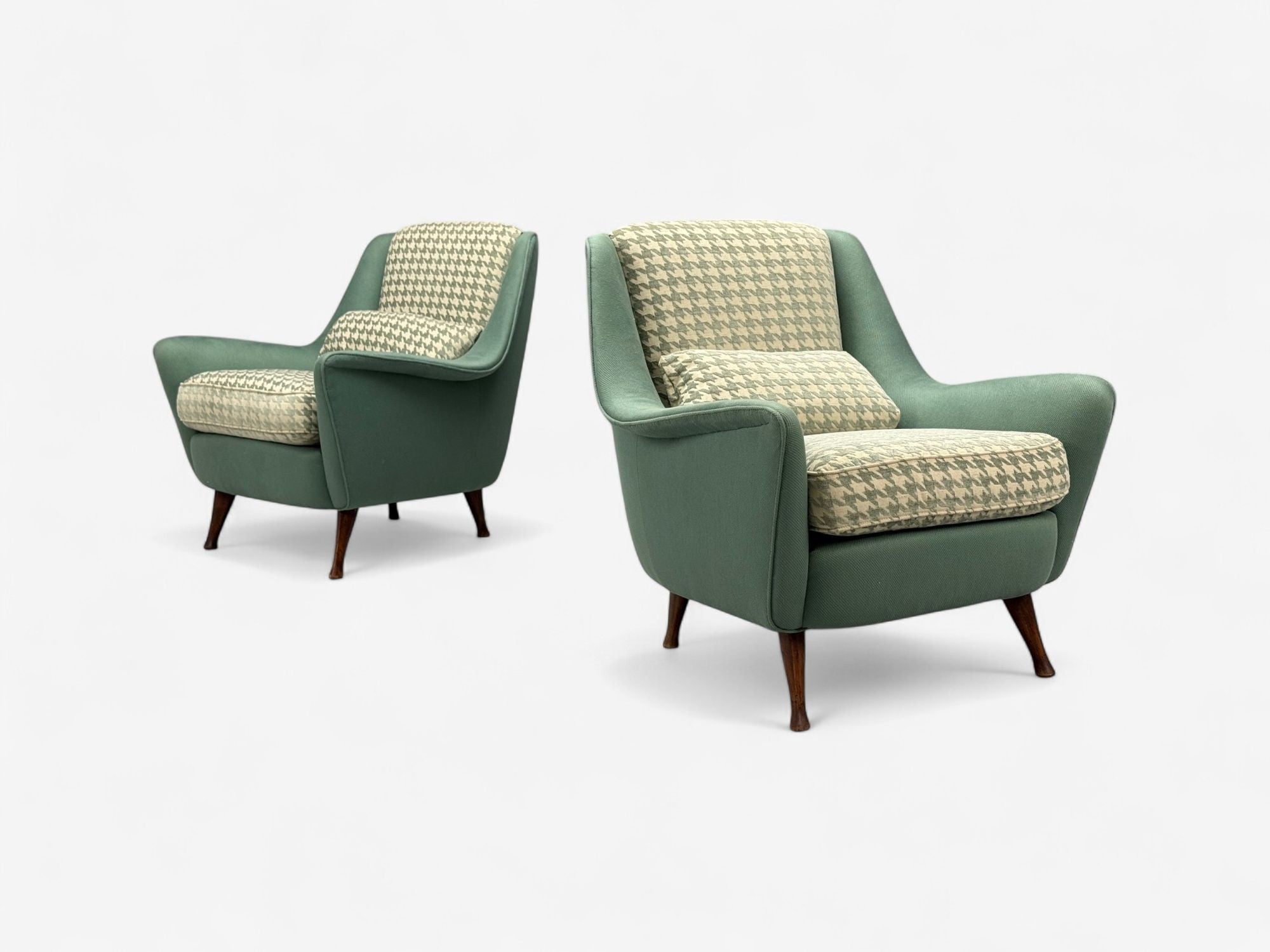 Carlo Pagani attr., Fabric, Wood, Lounge Chairs, Italy, 1950s
