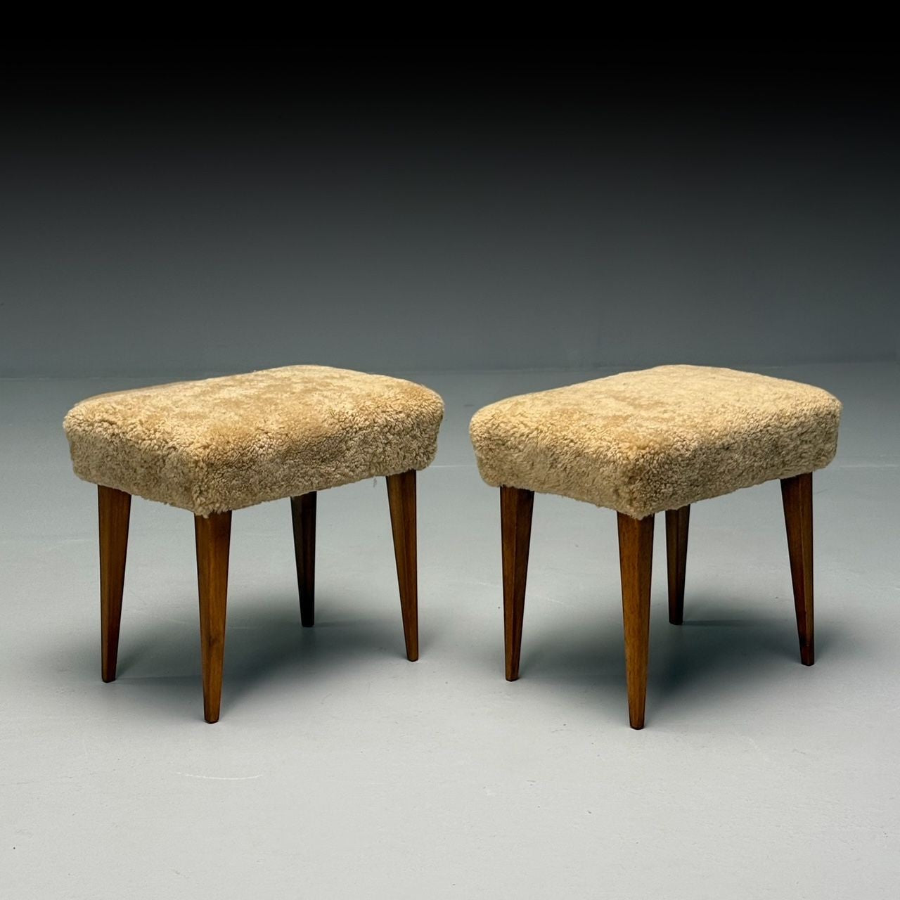 Mid-Century Modern, Footstools, Honey Sheepskin, Stained Wood, Italy, 1950s