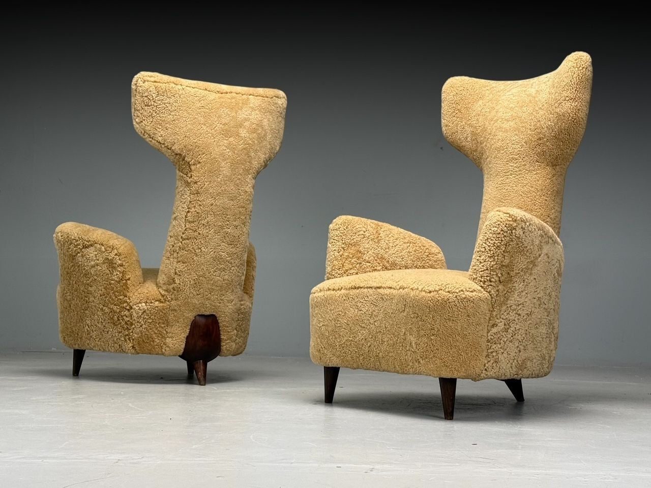 Renzo Zavanella, Honey Sheepskin, Wood, Rare Lounge Chairs, Italy, 1950s
