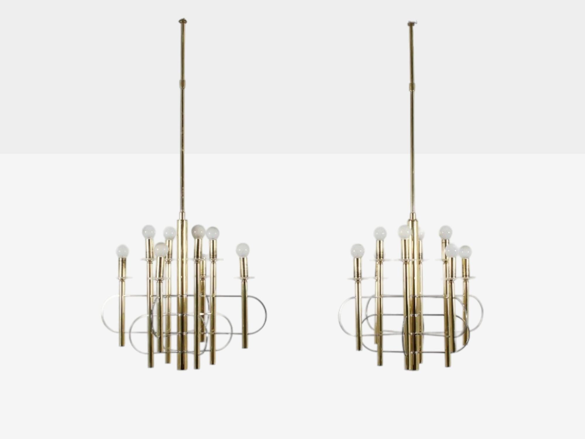 Gaetano Sciolari, Brass, Metal, Glass, Pendant Lights, Italy, 1970s