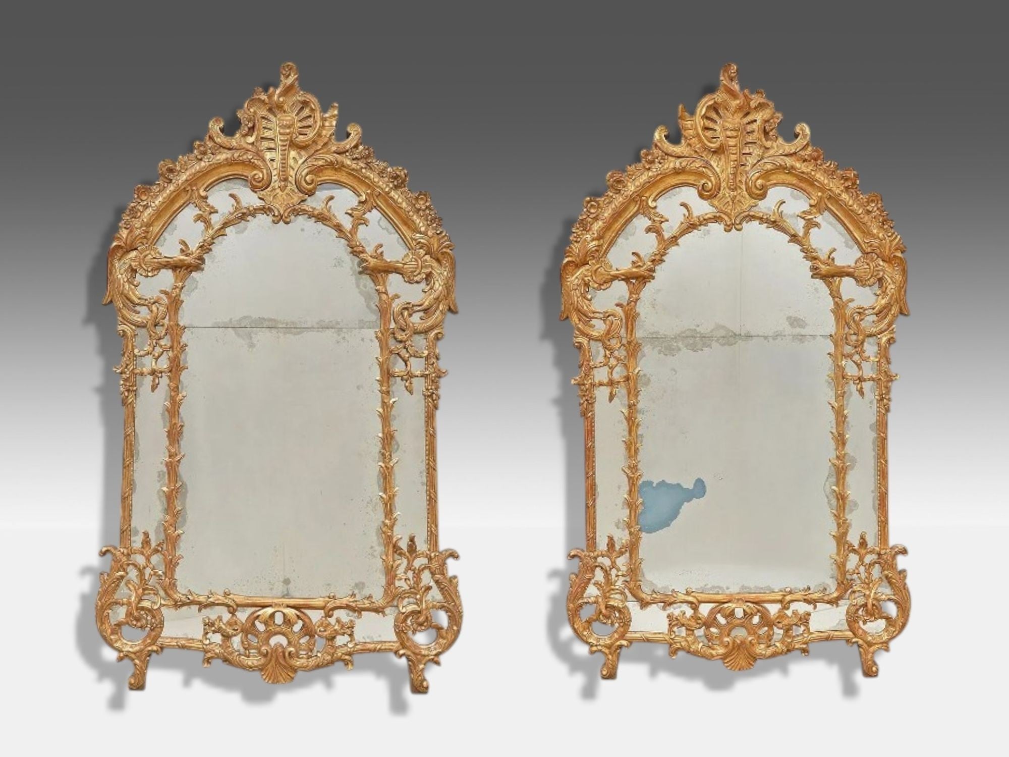 George III Style, Giltwood, Silvered Mirror, Monumental Wall Mirrors, England, 1950s