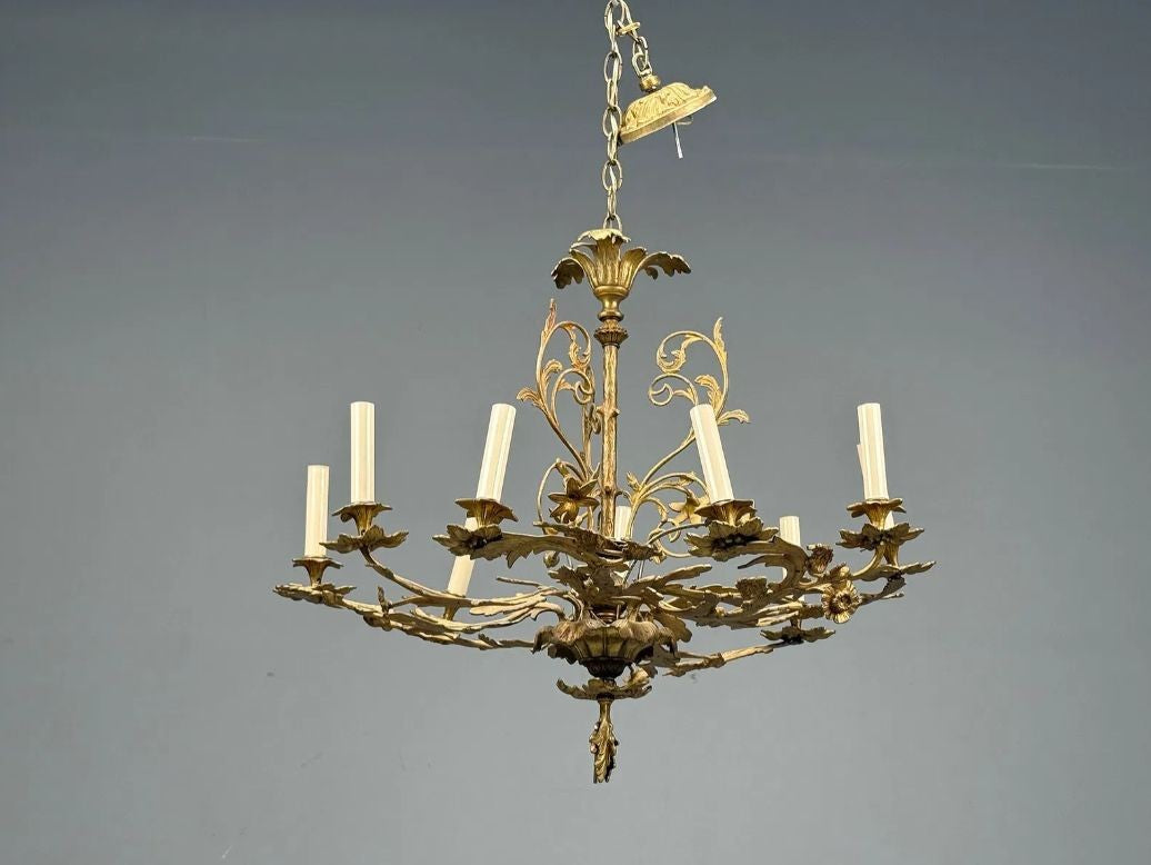 Rococo Style, Leaf and Vine Chandelier, Dore Bronze, Italy, 1920s