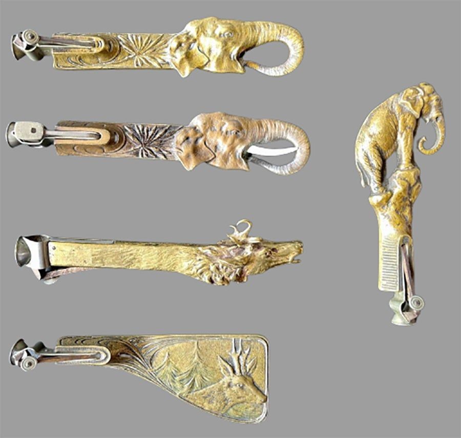 Collection of 5 Antique Metal Cigar Cutters Deer and Elephants