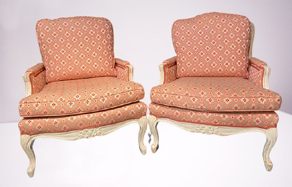 Pair of Louis XVI Painted Bergère or Lounge Chairs, Scalamandre Upholstery