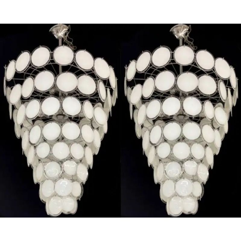 Pair Murano Disc Mid-Century Modern Tiered Chandelier, Antique Brass, Monumental