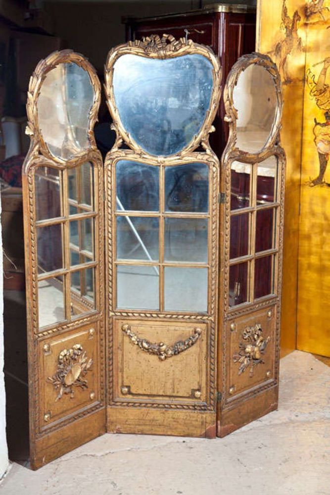 Gilt Mirrored Back Three-Panel Louis XVI Style Folding Screen Gilt Gold Finish
