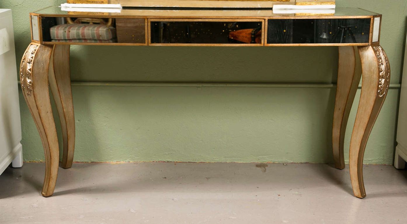 Hollywood Regency Style Mirror Console Table With Gold Gilt Frame Single Drawer