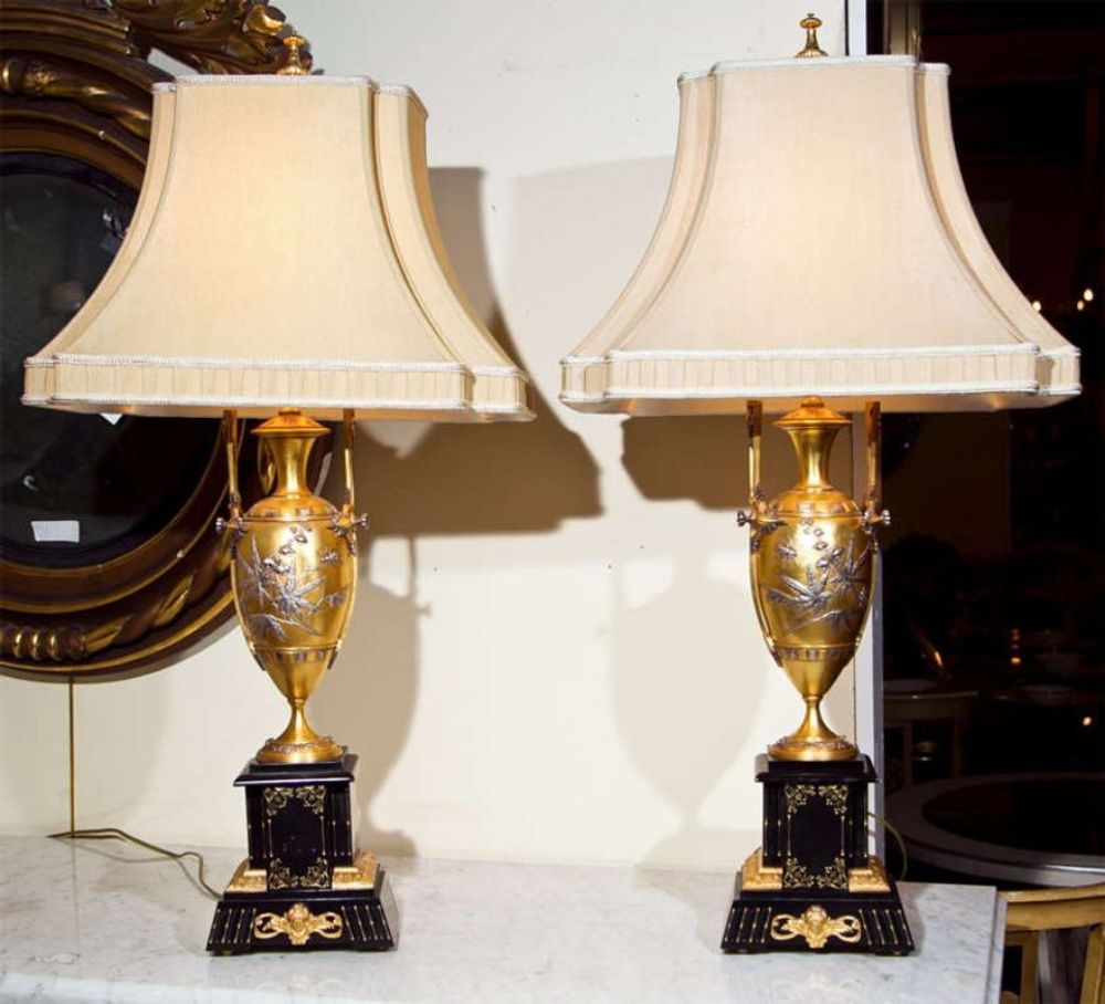 Pair of French Bronze Table Lamps Ebony Base Art Nouveau Style With Linen Shades