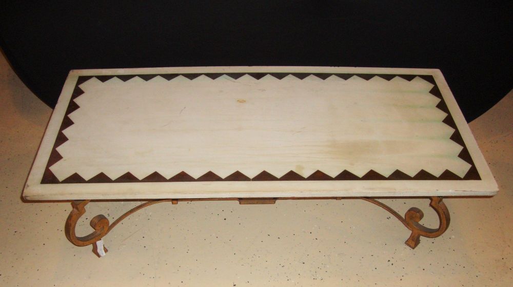 Hollywood Regency French Brass Base Coffee Cocktail Table Inlaid Marble Top