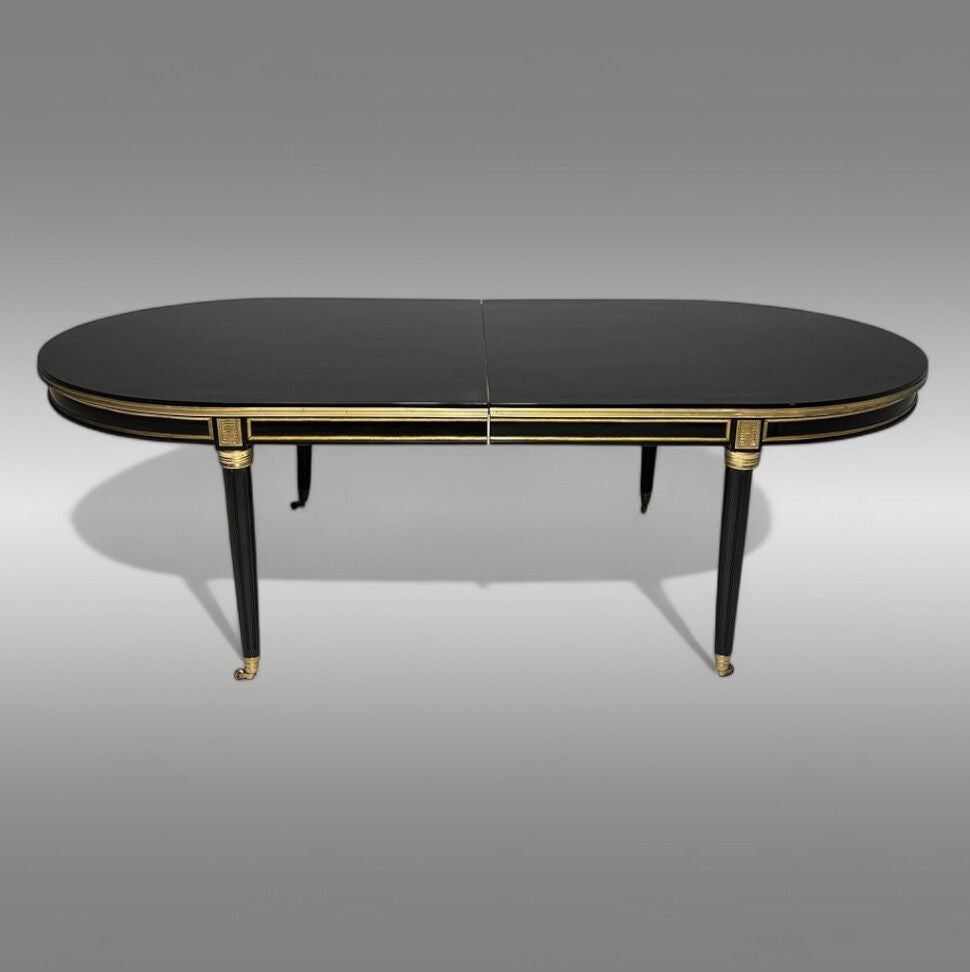 Maison Jansen Style, Hollywood Regency, Dining Table, Black Lacquer, Bronze