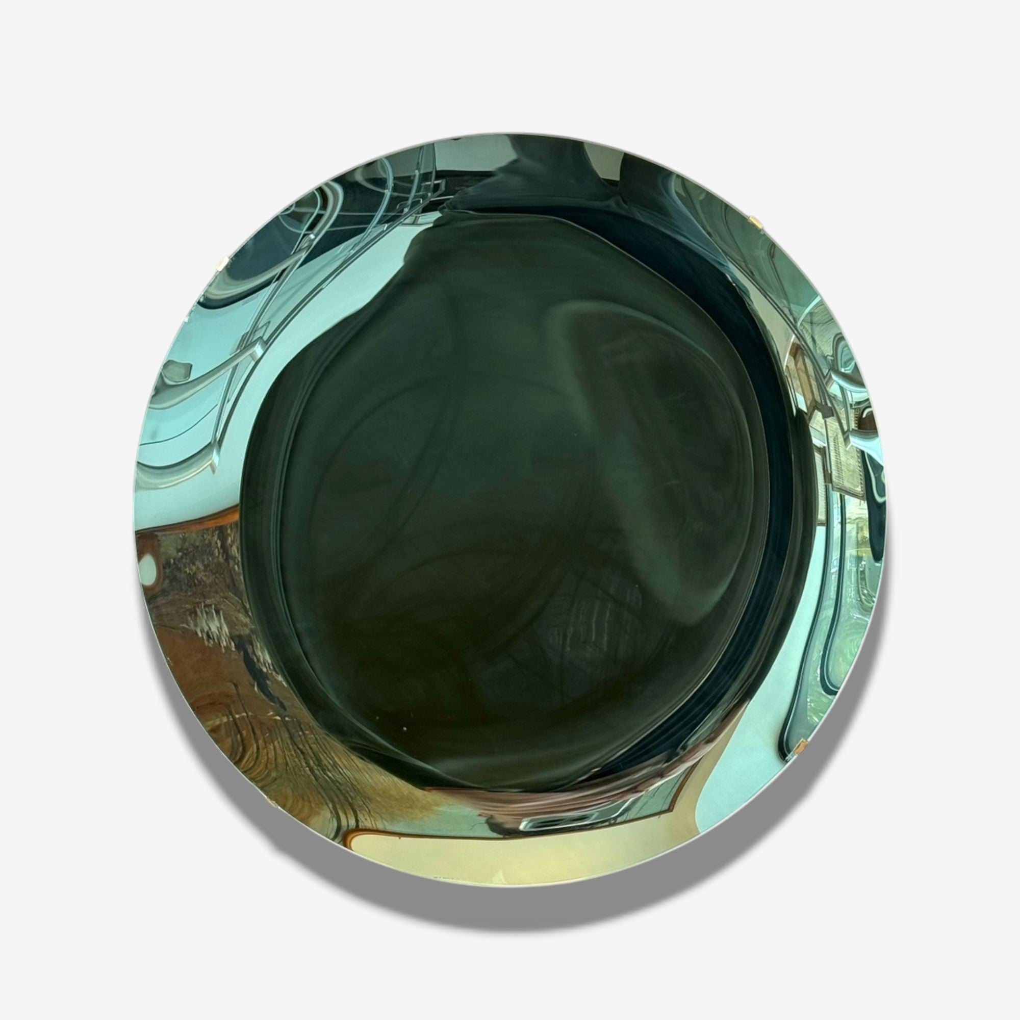 Contemporary, Modern Space Age Wall Mirror, Concave Glass, Vintage Green, Brass
