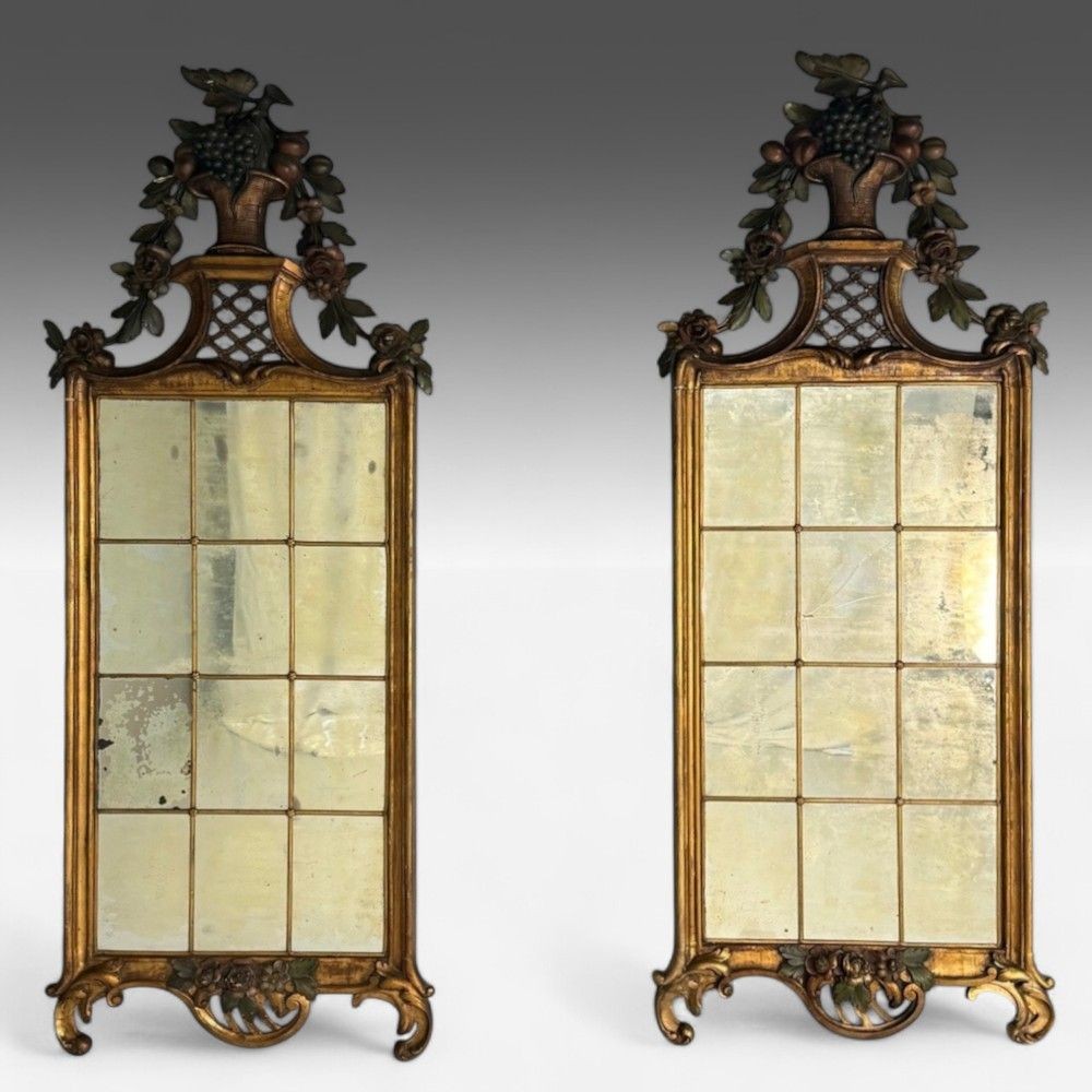 Louis XVI, Wall Mirrors, Giltwood, Antiqued Mirror, Fruitewood Motif 20th C.