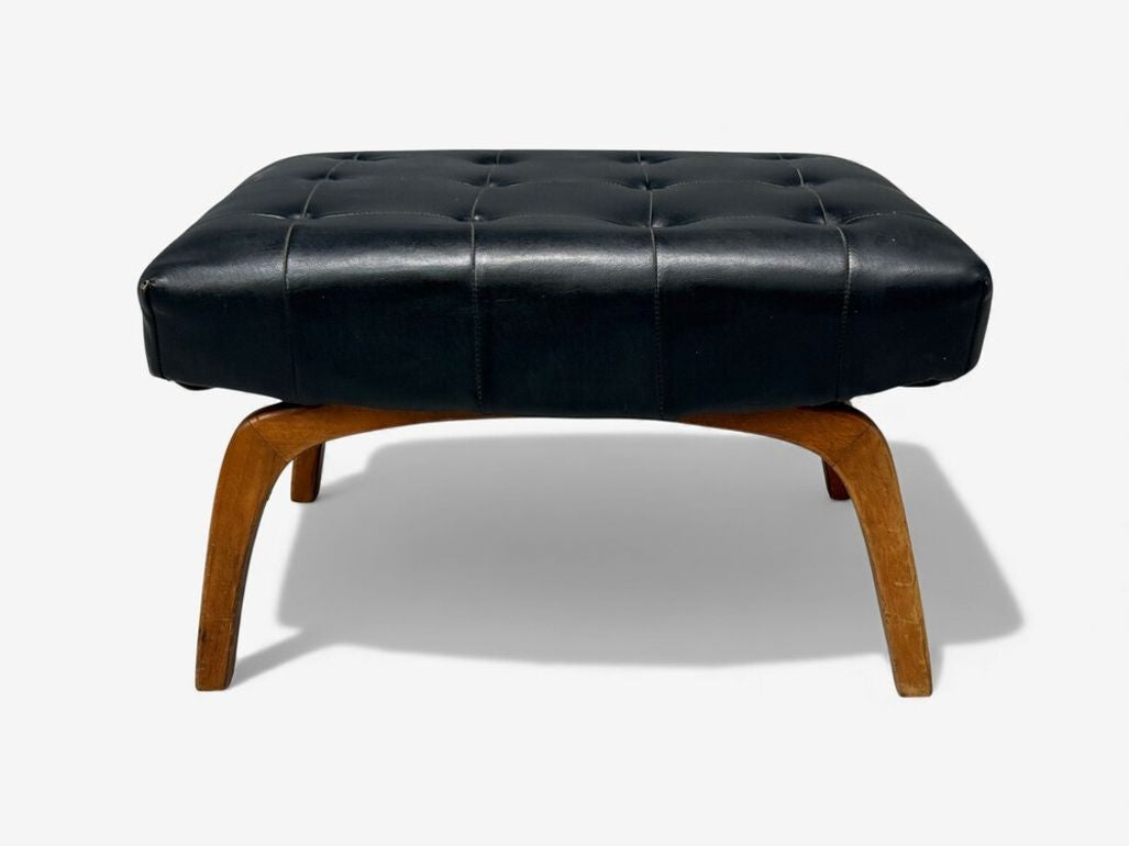 Danish Modern, Black Leatherette, Stained Wood, Footstool, Denmark, 1950s