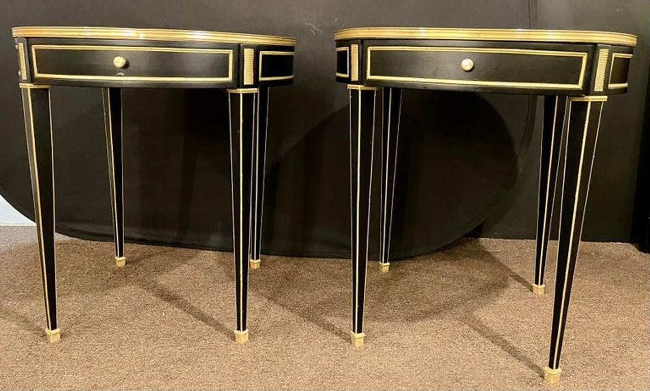 Hollywood Regency Ebony Bouillote or End Tables, Manner Jansen Mirror Tops, Pair