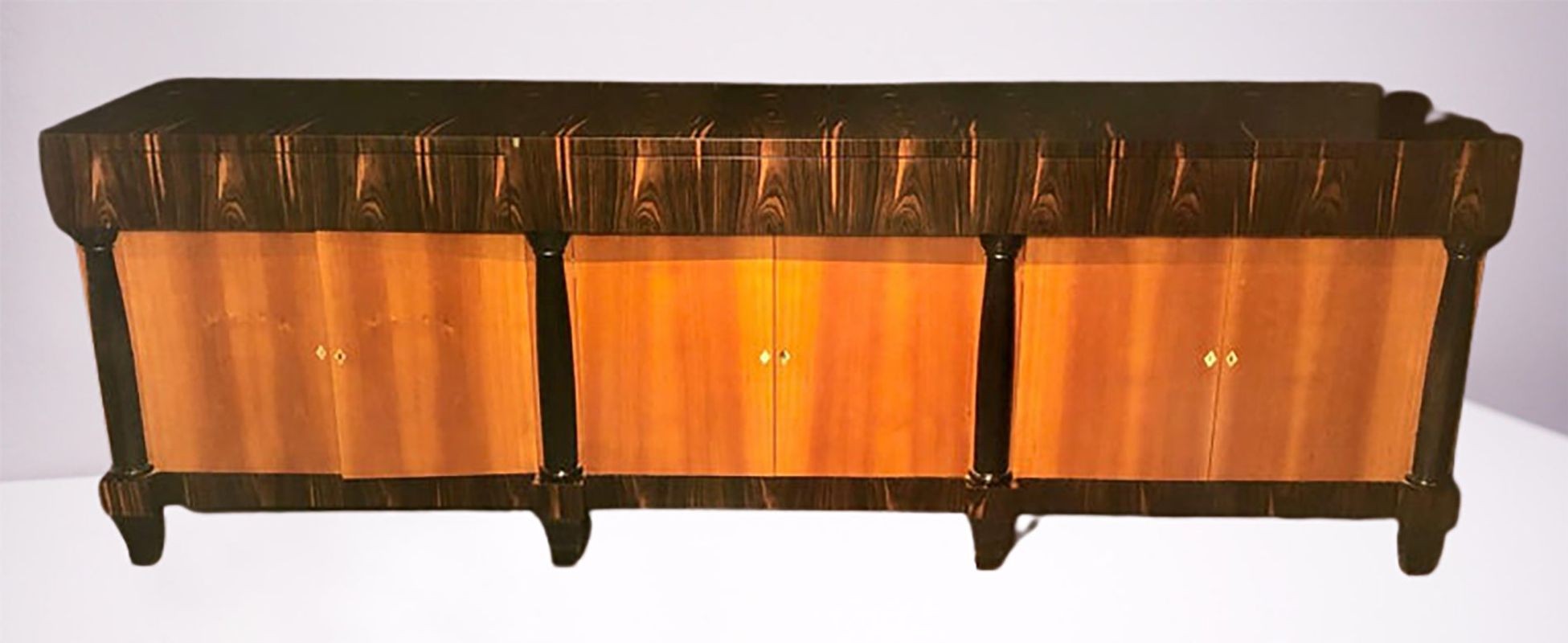 Palatial Six Door Macassar Sideboard Cabinet Ebonized Column and Feet Support