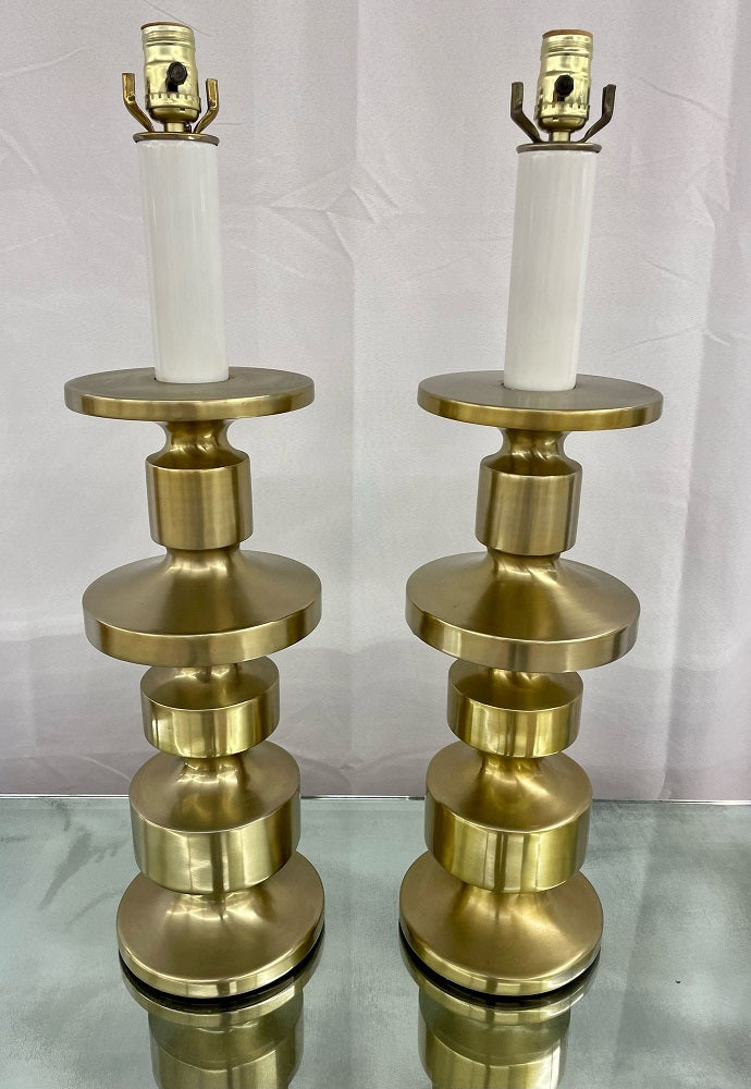 Pair of Hollywood Regency Solid Brass Table / Desk Lamps, Candlestick, Modern