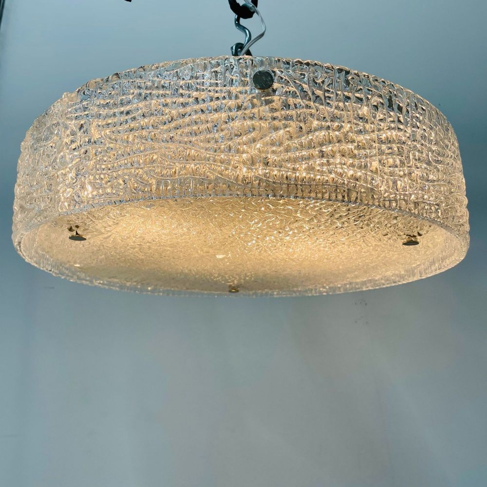 Circular Mid-Century Modern Flushmount Chandelier / Pendant, Glass and Bronze