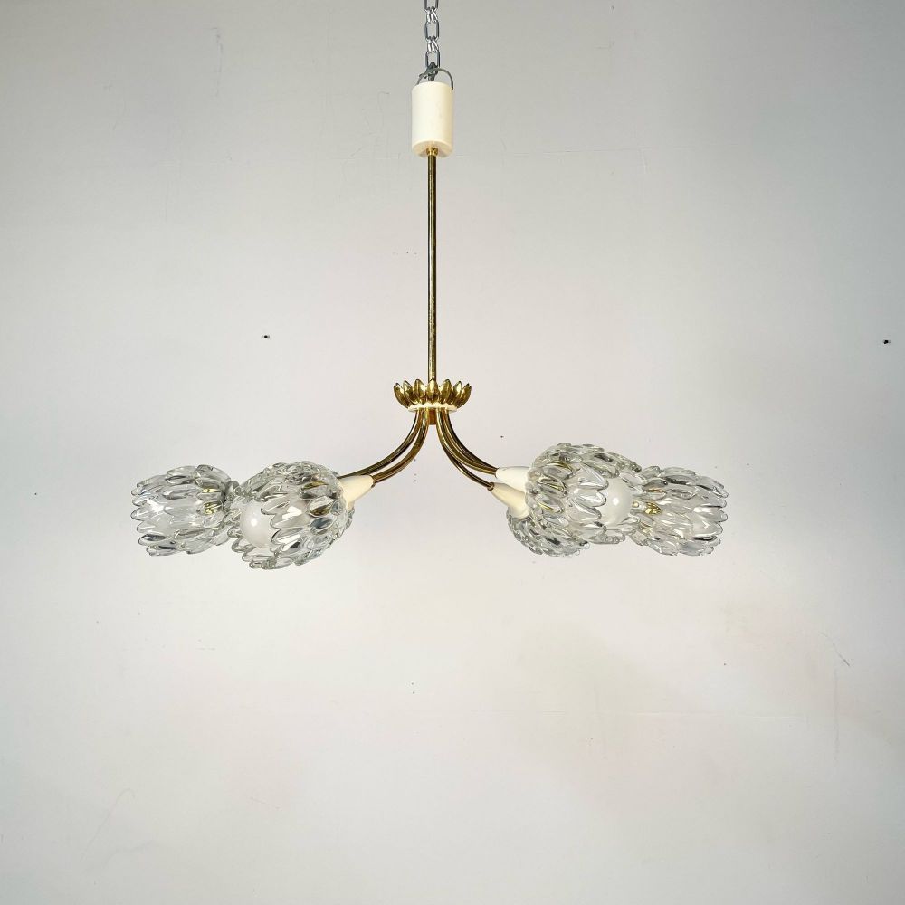Italian Mid-Century Modern Six Light Brass Pendant / Chandelier, Textured Glass