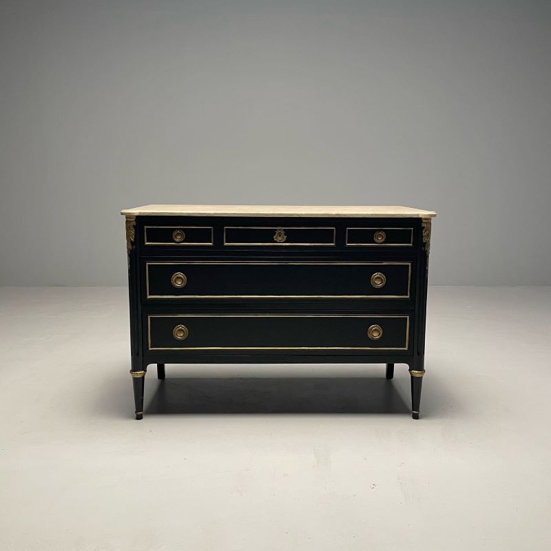 Hollywood Regency Maison Jansen Stamped Ebony Chest / Commode, Marble Top