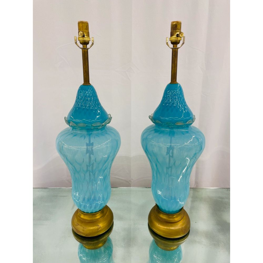 Pair of Italian Mid-Century Modern Murano Glass Table Lamps, Turquoise, Brass