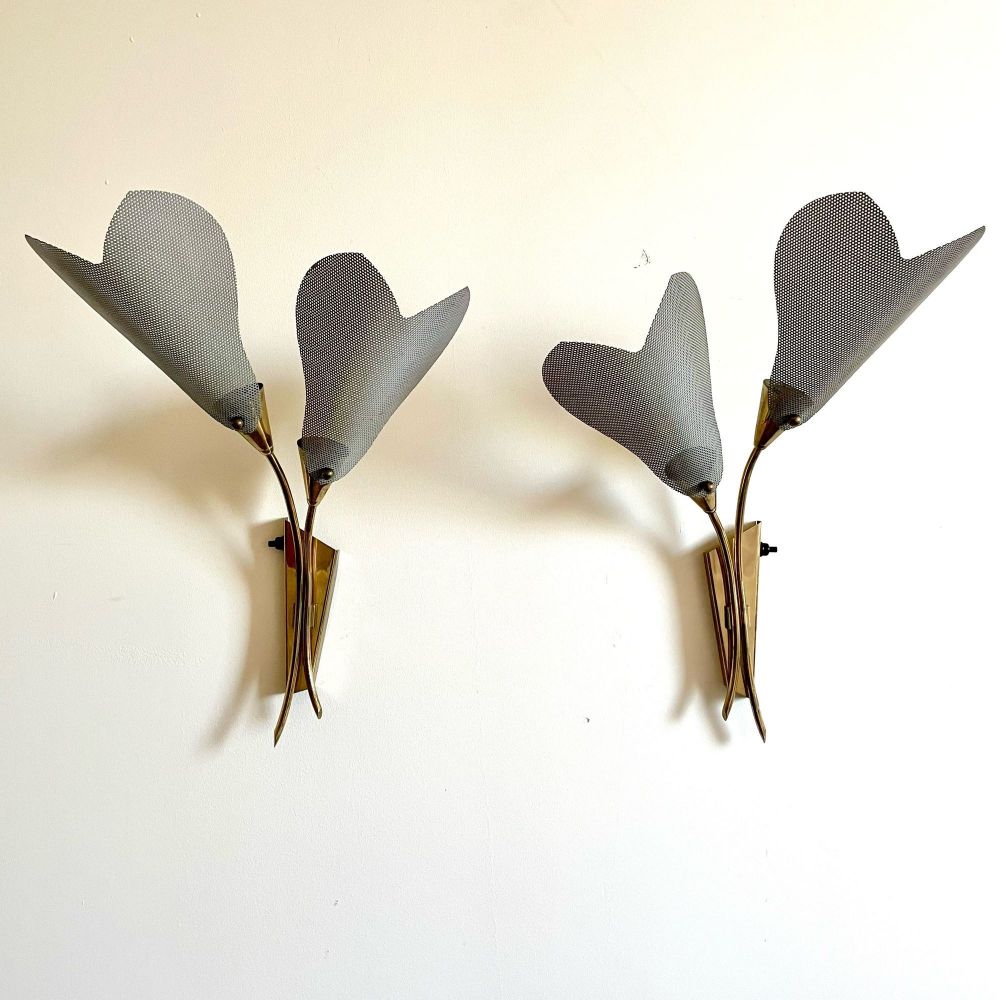 Pair of Italian Mid-Century Modern Sculptural Flower Sconces, Brass, 1940s