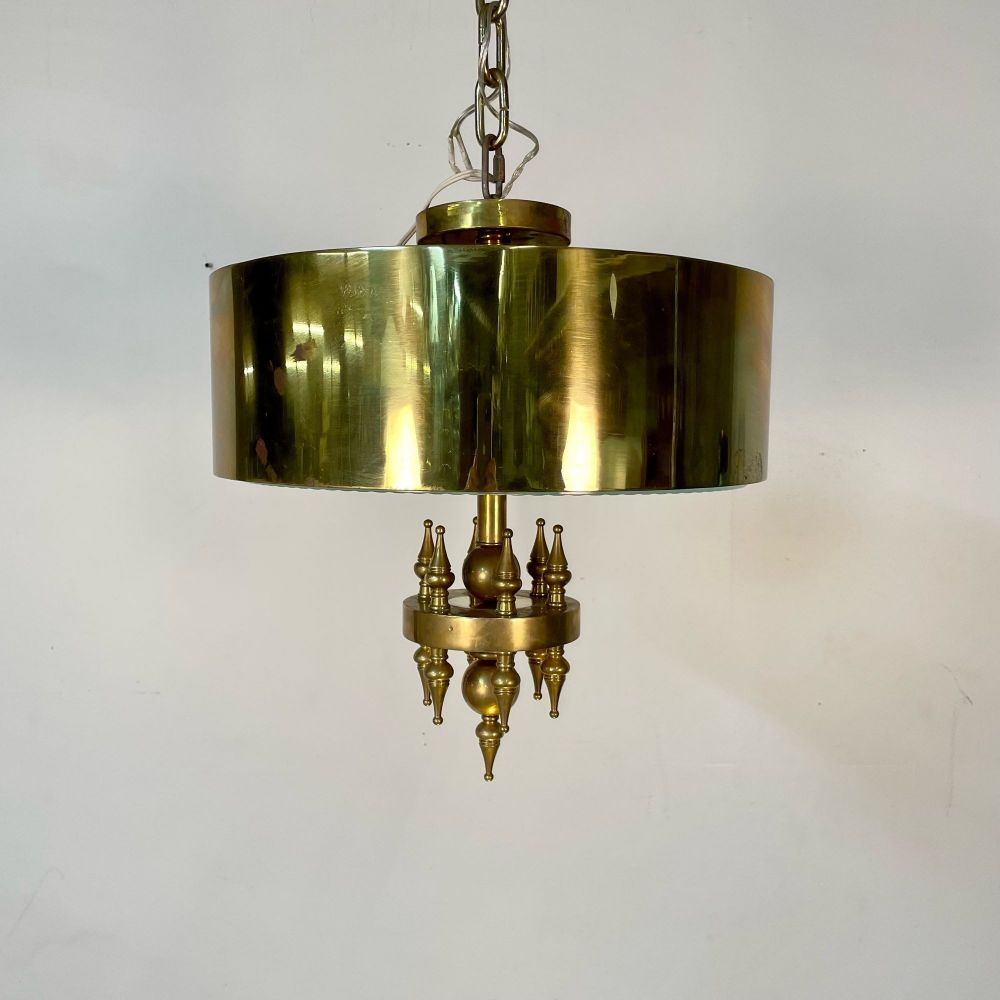 Small Hollywood Regency Style Brass Pendant / Chandelier, Starburst Etched Glass