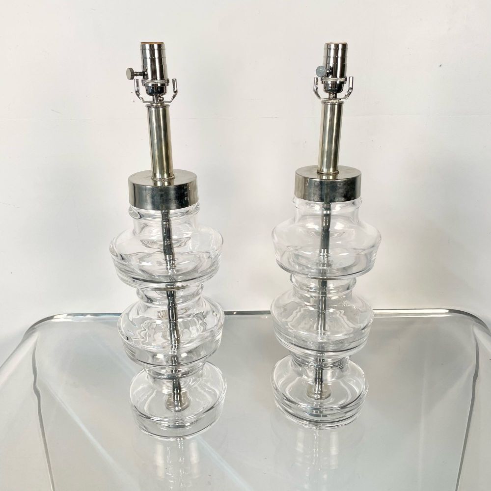 Pair Swedish Mid-Century Modern Translucent Clear Glass Table or Desk Lamps