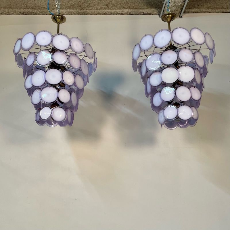Pair Murano Disc Mid-Century Modern Tiered Chandelier, Antiqued Brass, New Wired
