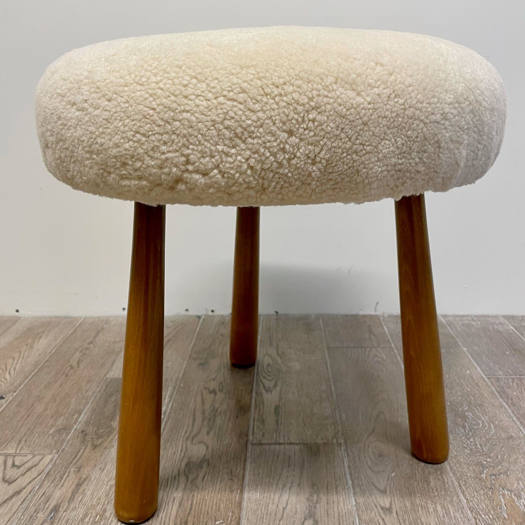 Contemporary Swedish Modern Style Sheepskin Footstool Ottoman Beige