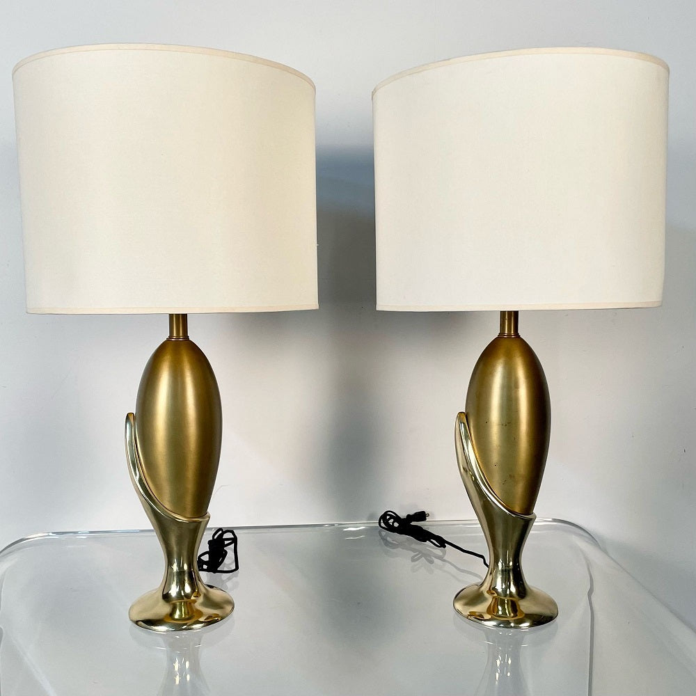 Pair of French Mid-Century Modern Sculptural Bronze Table / Desk Lamps