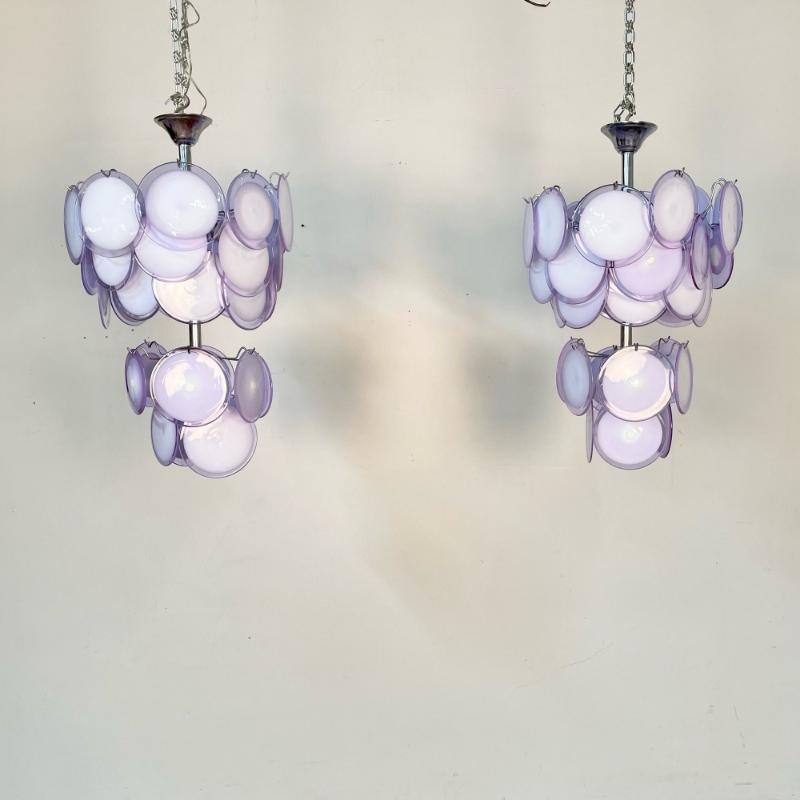 Pair of Mid-Century Modern Style Purple Murano Glass Disk Chandeliers